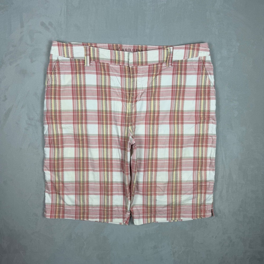 Y2K Women Sonoma Original Bermuda Plaid Preppy Shorts Pink 14
